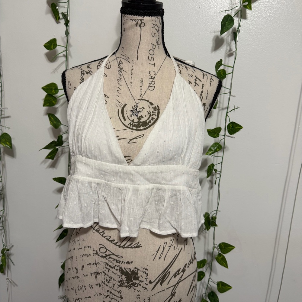 HYFVE White Halter Ruffle Crop Cami